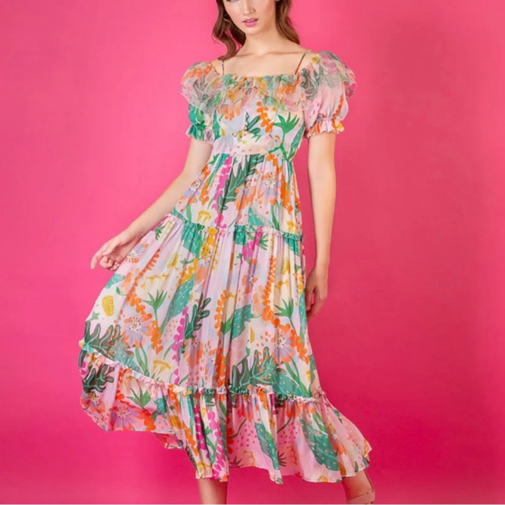 JESSIE LIU summer floral print silk dress in pink floral XS Resortwear Tropical